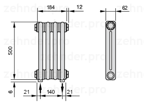Схема (чертеж) Радиатор Zehnder Charleston 2050/4 №3570 Белый глянцевый RAL 9016